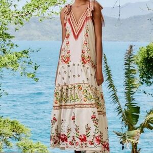 Farm Rio Off White Apple (Red) Romance Embroidered Beaded Tropical  Maxi Dress